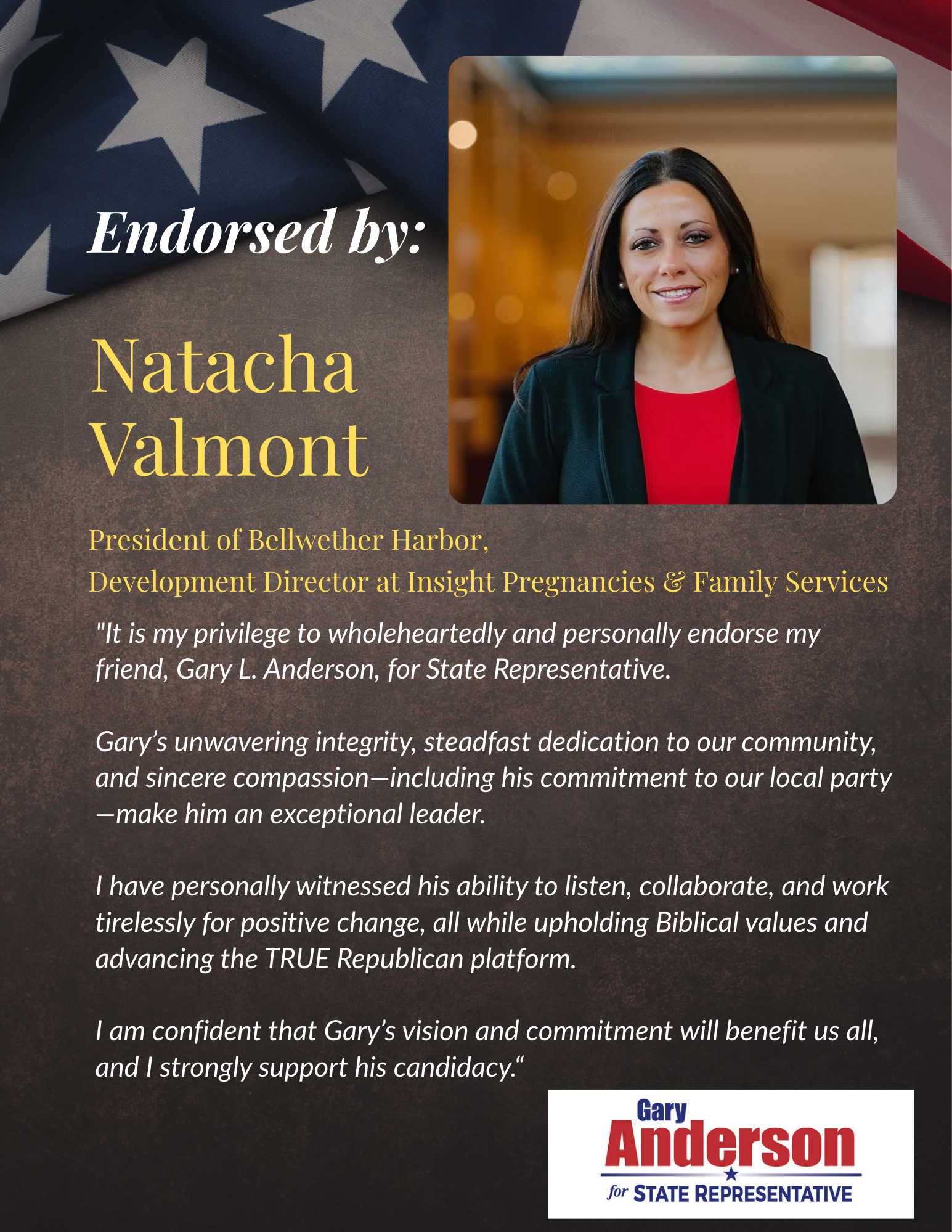 Political ad endorsing Gary Anderson, featuring Natacha Valmont. Photo of Anderson and Valmont with American flag.