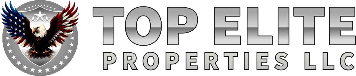 An eagle with wings patterned like the U.S. flag in front of a shield, beside the text "TOP ELITE PROPERTIES LLC"