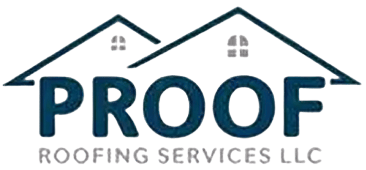 Logo for Proof Roofing Services LLC, with dark teal text and two roofline graphics.