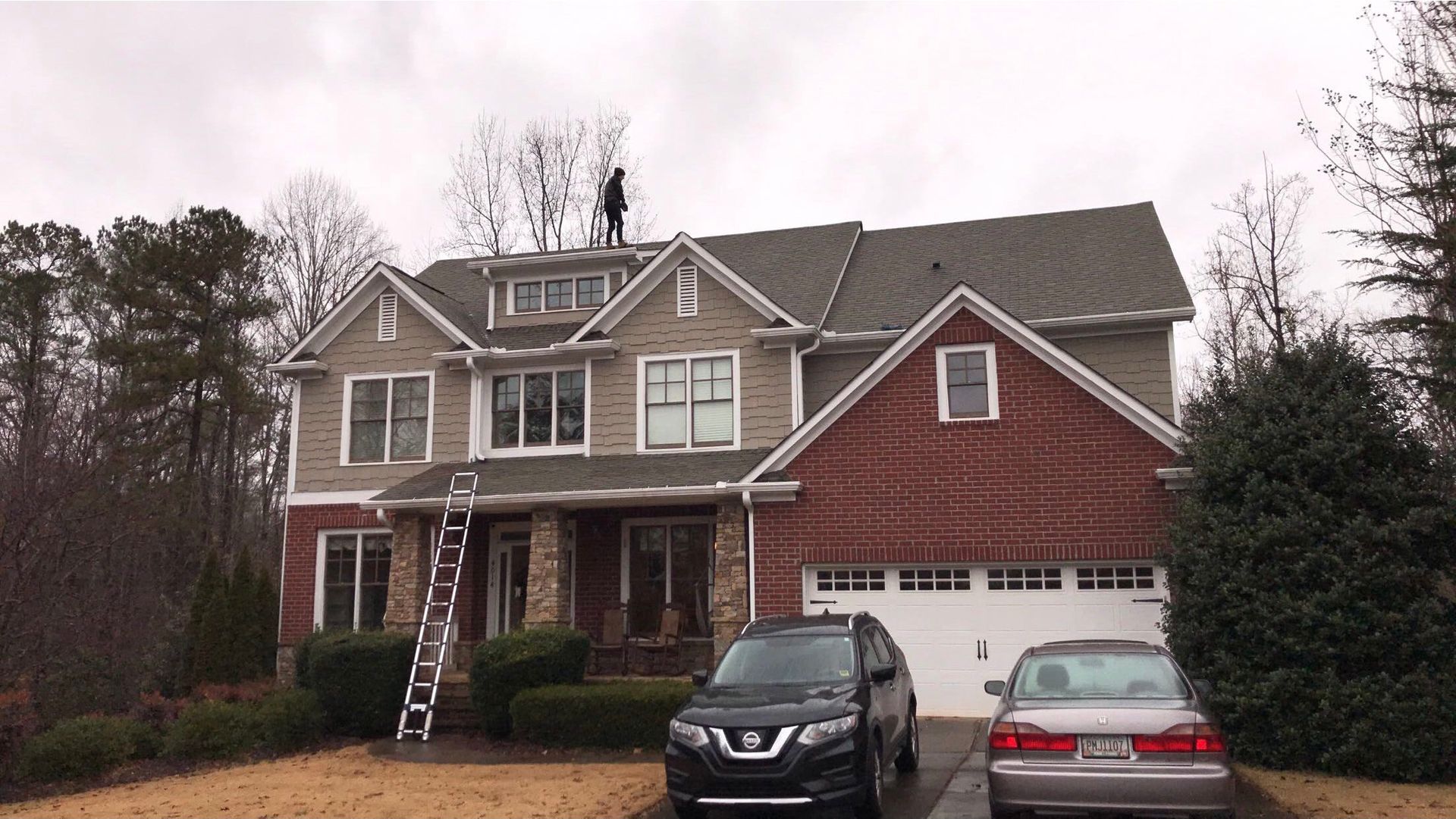 A person on a roof trims a tree. A house with a car in front. Cloudy day.