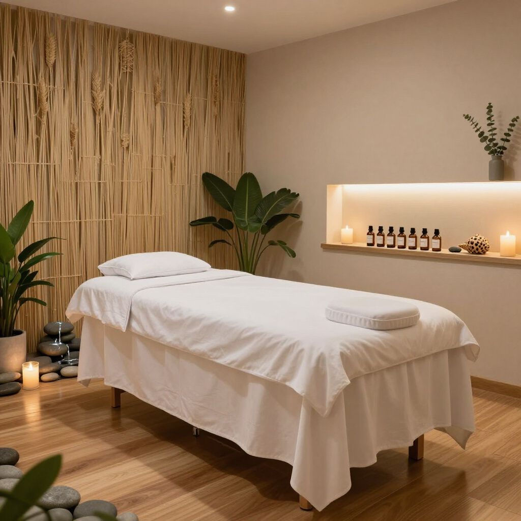 Massage room with bed, plants, candles, and stone decor.