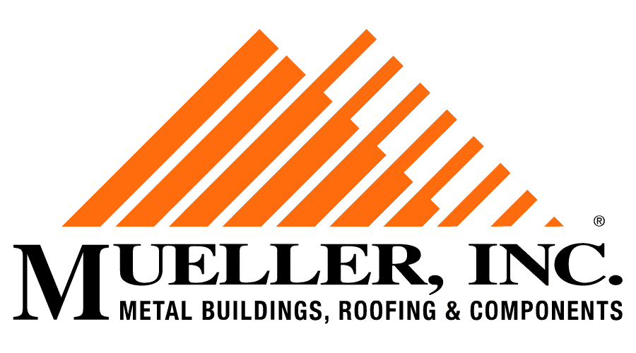 Orange geometric mountain shape logo with "MUELLER, INC." text and "METAL BUILDINGS, ROOFING & COMPONENTS."