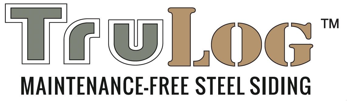 TruLog logo with "MAINTENANCE-FREE STEEL SIDING" text below. The logo is brown with a gray outline.
