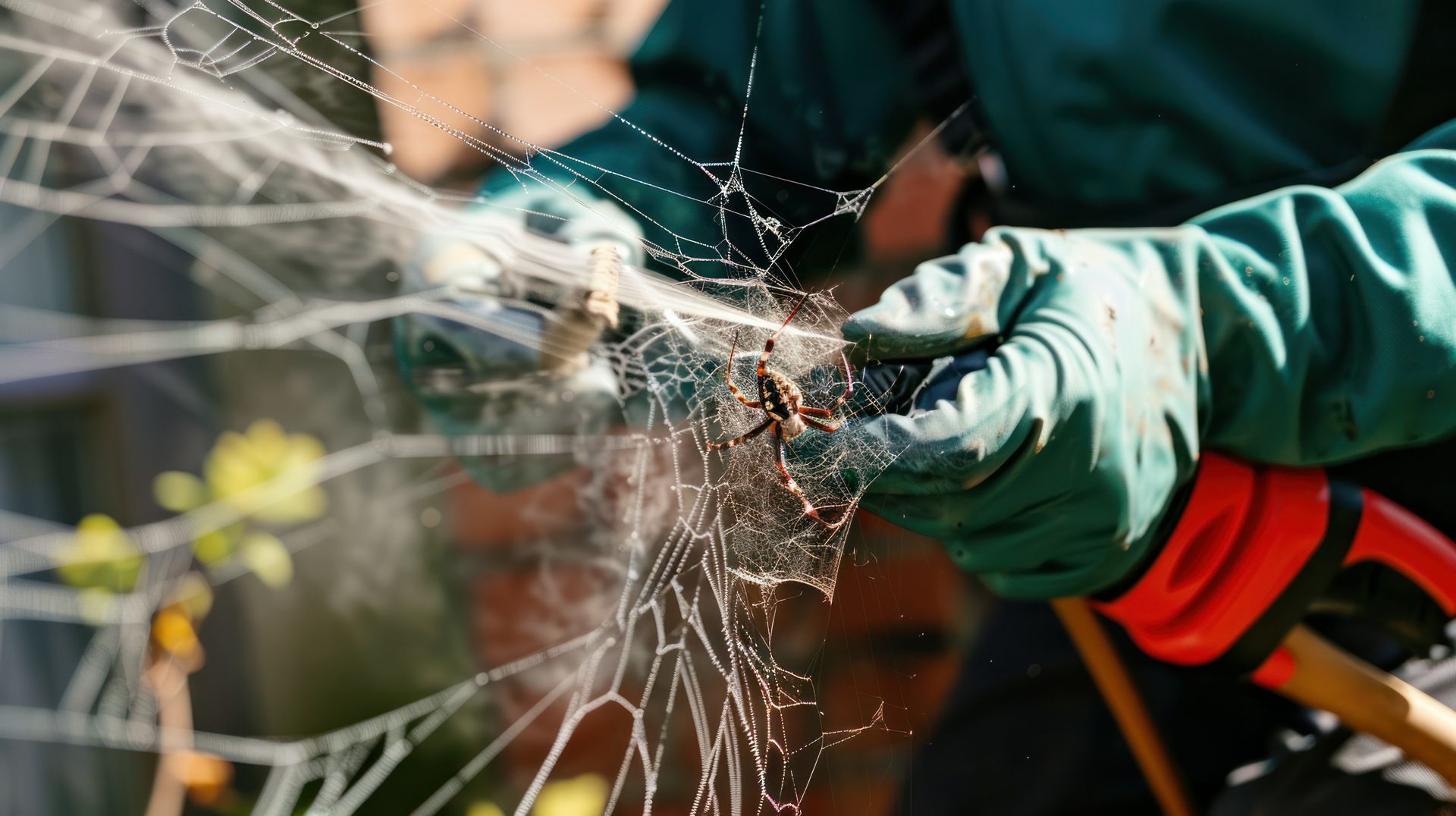 A person is spraying a spider web with a hose.