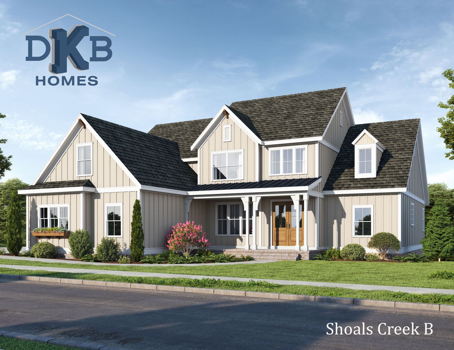Stone and wood cottage with a green lawn, blue sky, and trees.