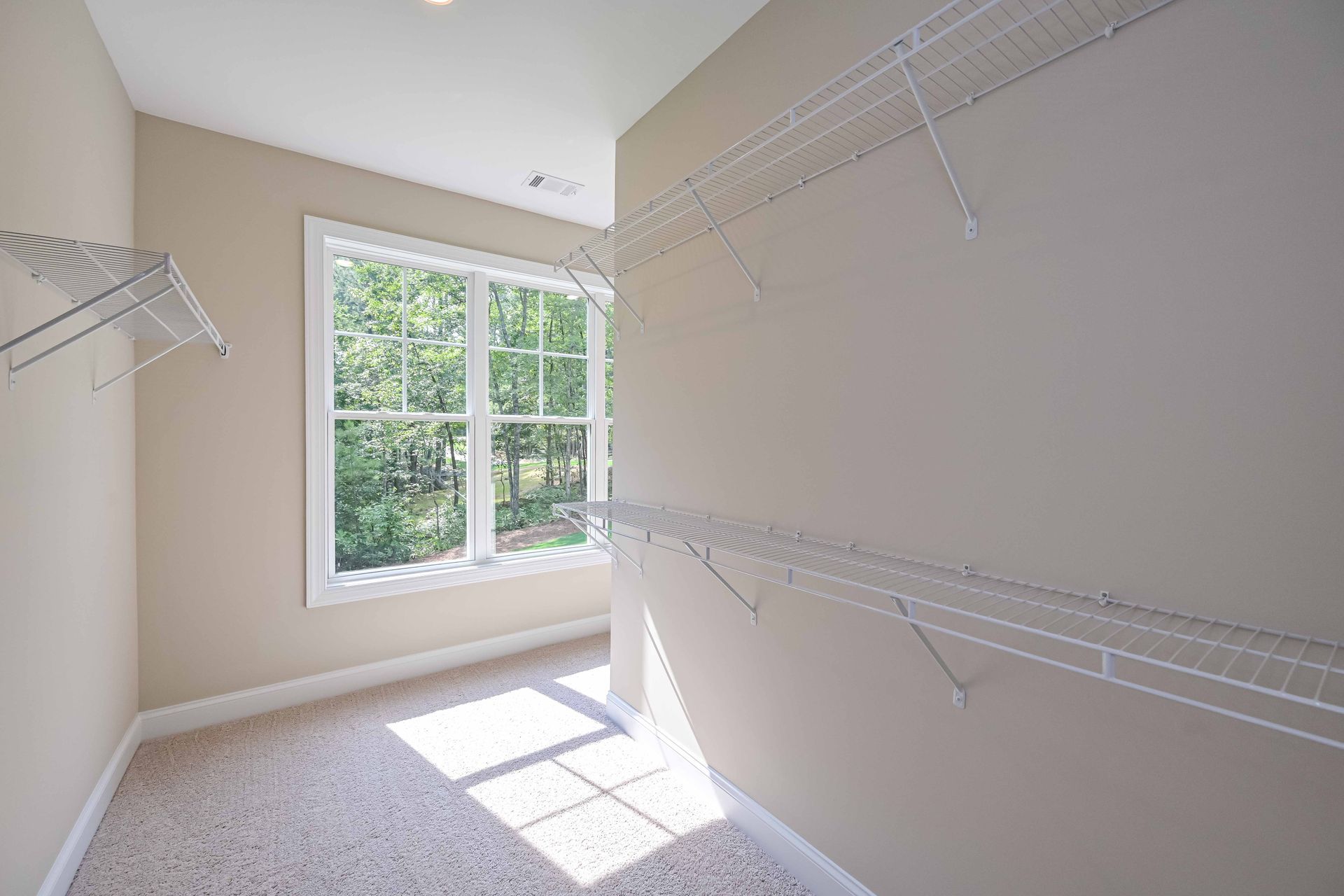 Empty walk-in closet with wire shelving on beige walls, a window, and beige carpet.