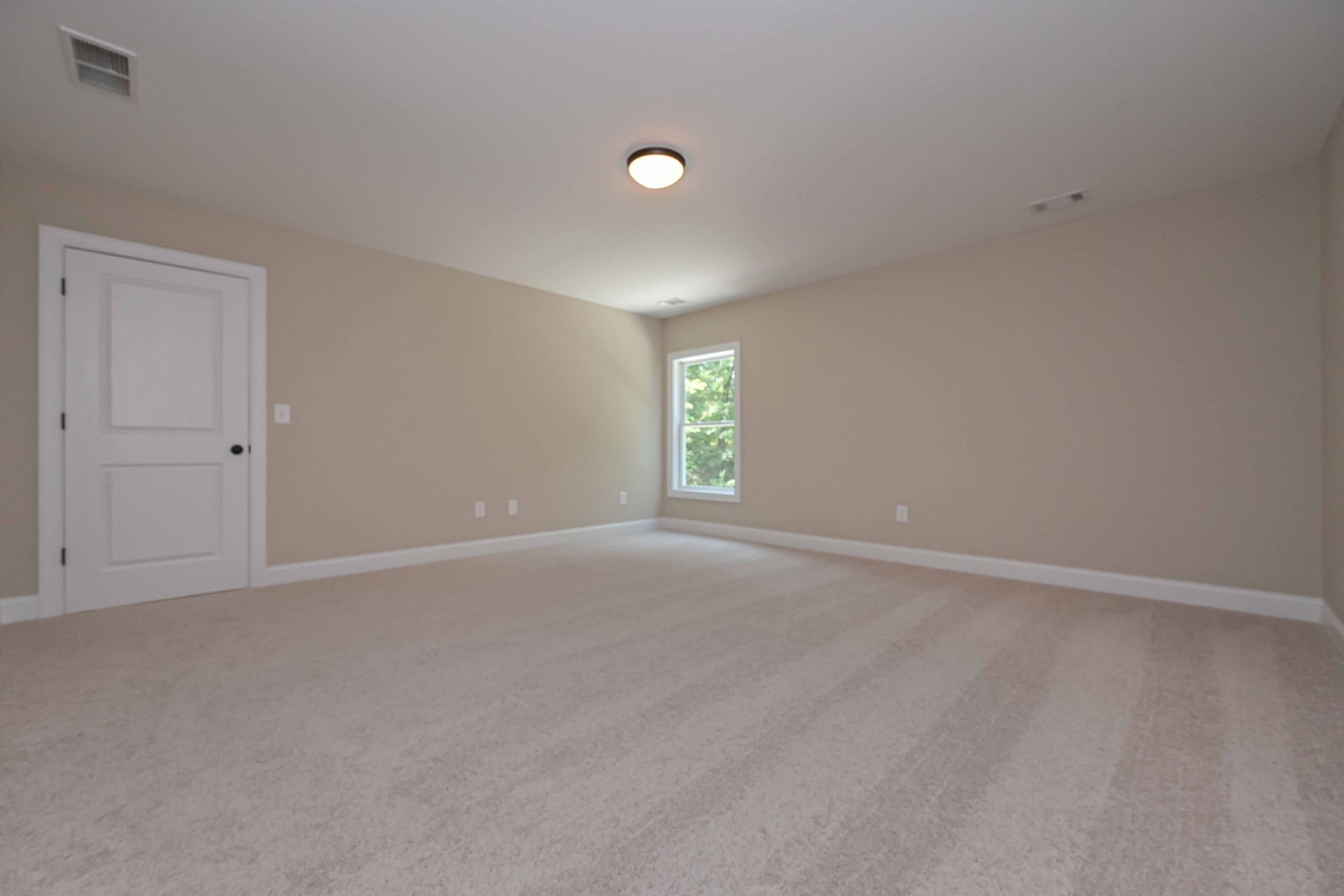 Empty room with beige carpet and walls, white door and window, and a ceiling light.