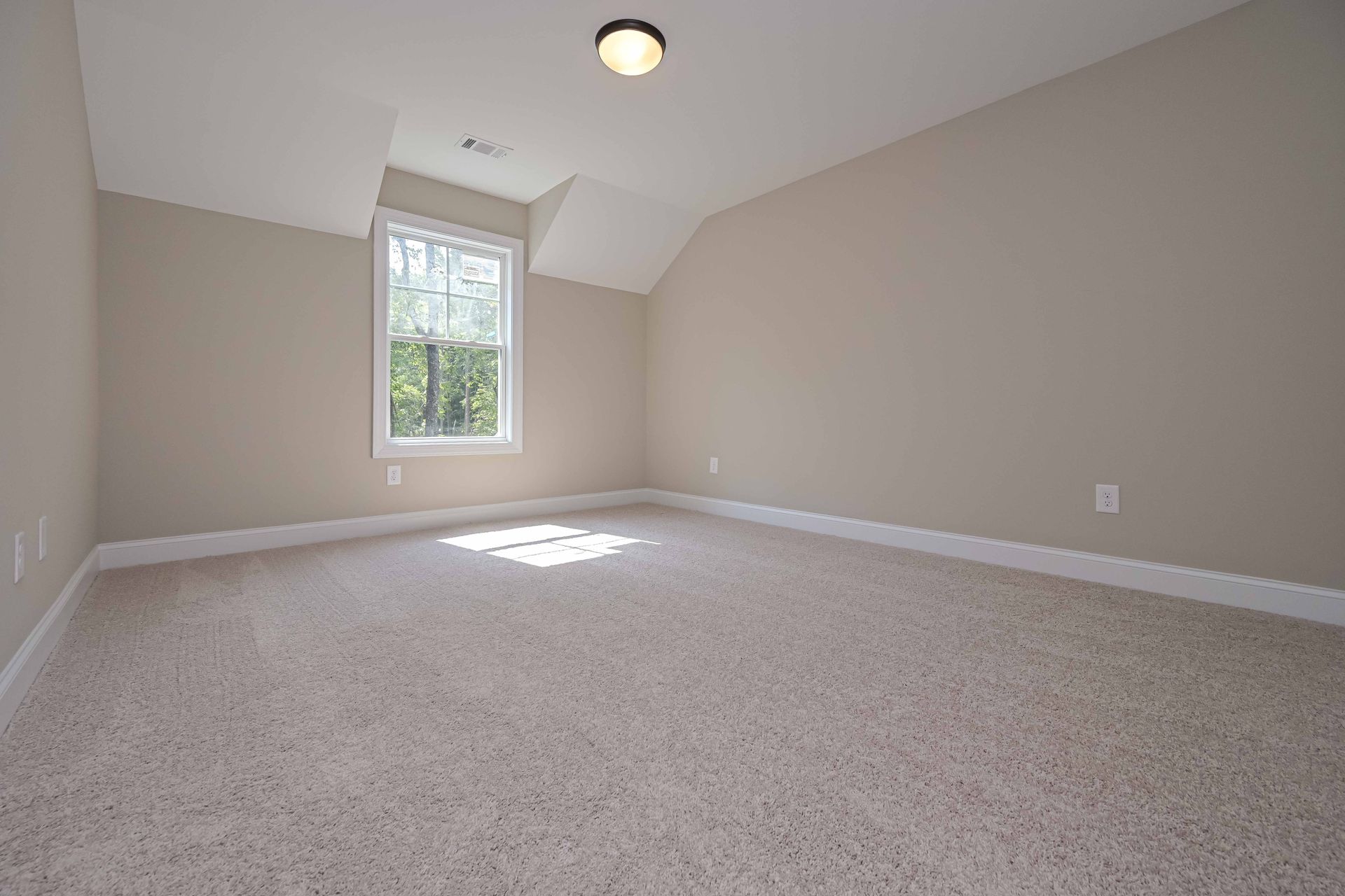 Empty room with beige walls, white trim, carpet, and window; lit by overhead light.