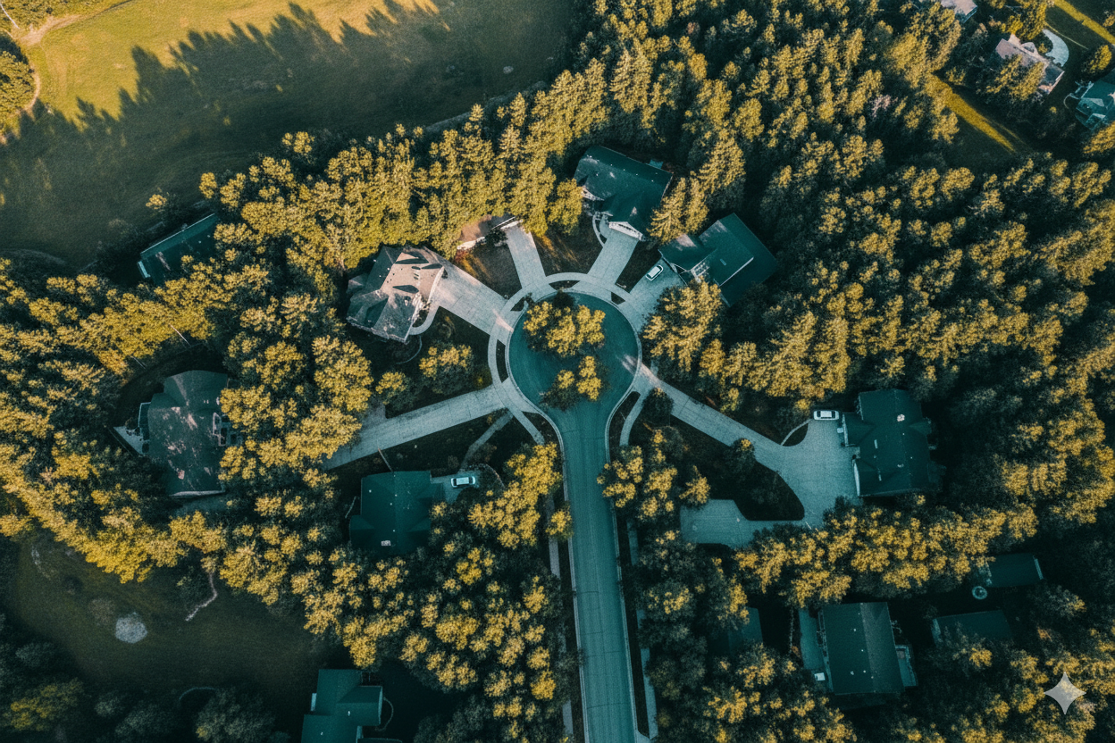 Aerial view of a suburban neighborhood with houses surrounding a circular drive and streets.