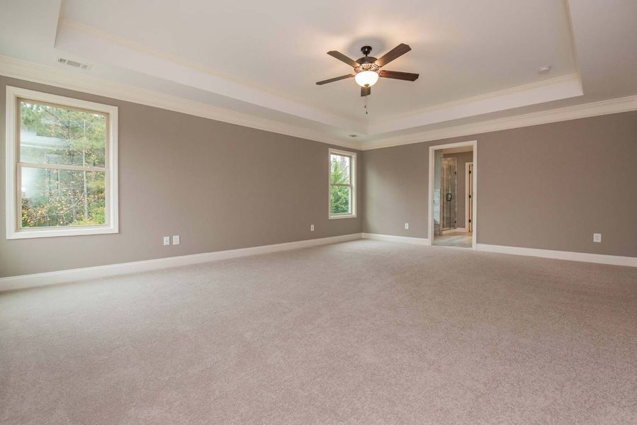 Empty master bedroom with light gray walls, carpet, white trim, and a ceiling fan.
