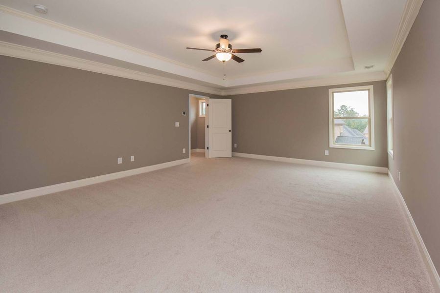 Spacious bedroom with beige carpet, gray walls, white trim, and ceiling fan.
