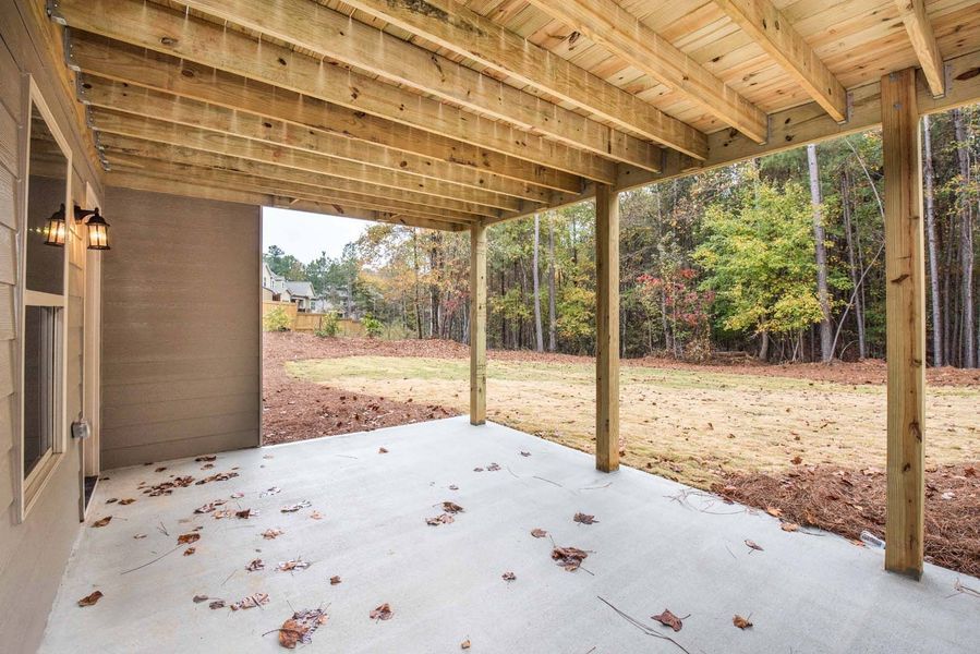 Underneath deck with concrete patio, supported by wooden posts. The background is a grassy area and trees.