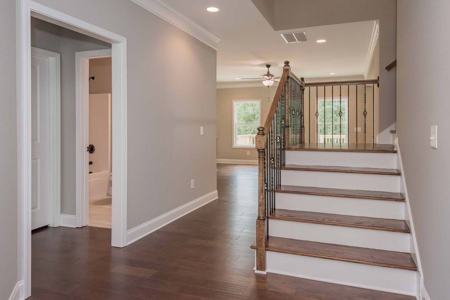 Entryway with stairs, hardwood floor, gray walls, and a view into a living area.