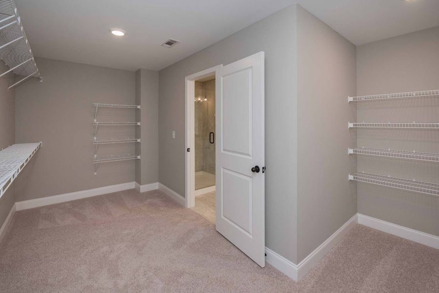 Empty room with gray walls, white shelves, a door, and beige carpet.