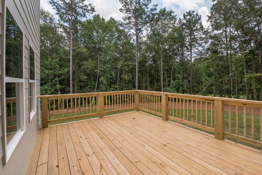 Wooden deck with railings, overlooking a forest.
