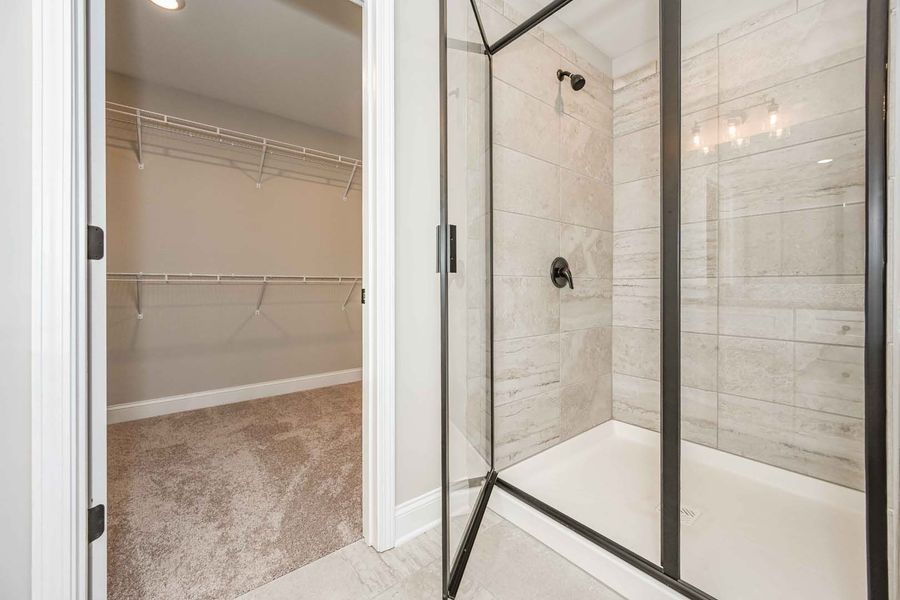 Bathroom with glass-walled shower and open walk-in closet. Neutral tones: gray walls, beige carpet, white fixtures.