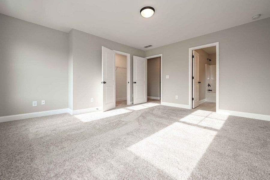 Empty bedroom with gray walls, carpet, and three open doors.