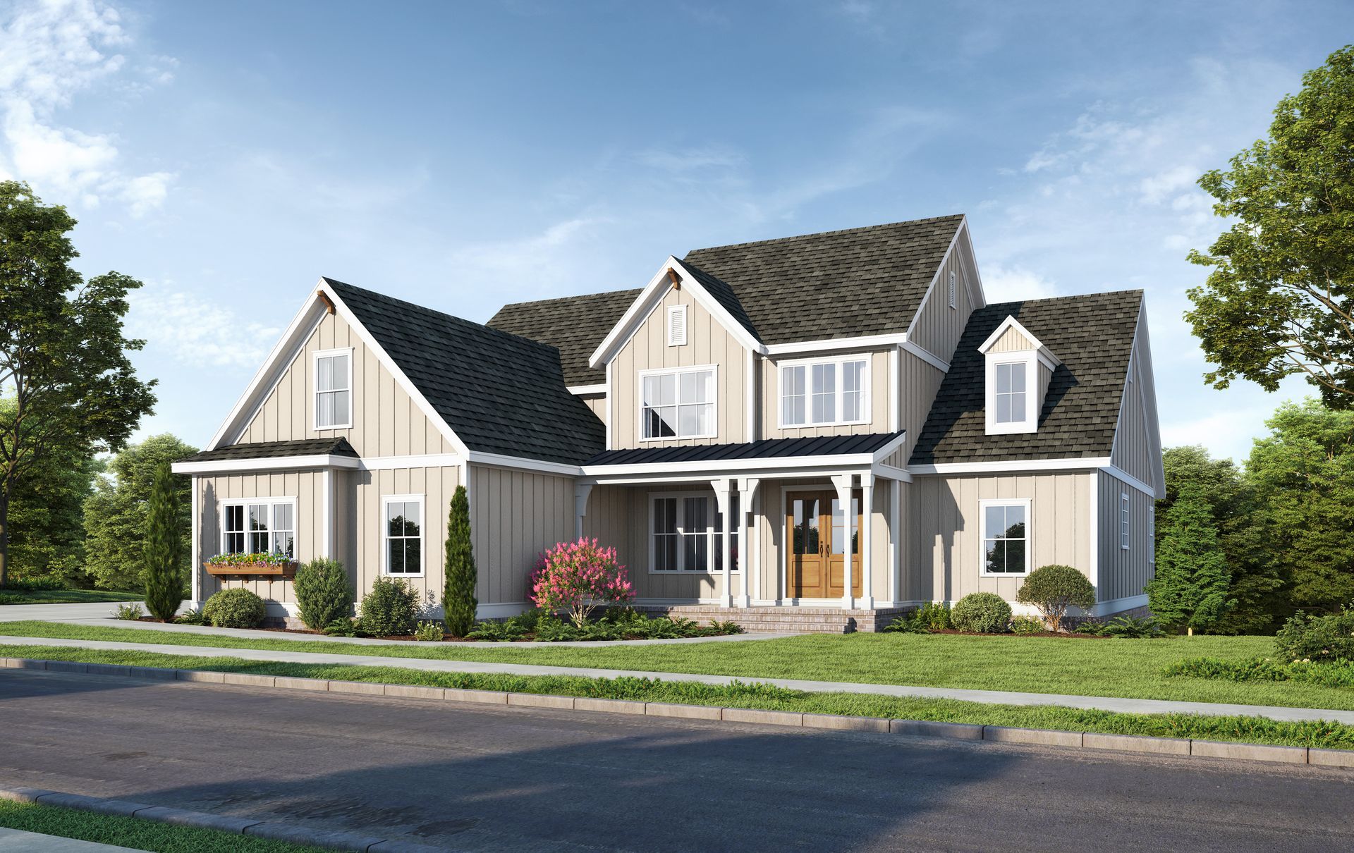 DKB Homes rendering of a two-story beige house with a dark roof and a front porch.