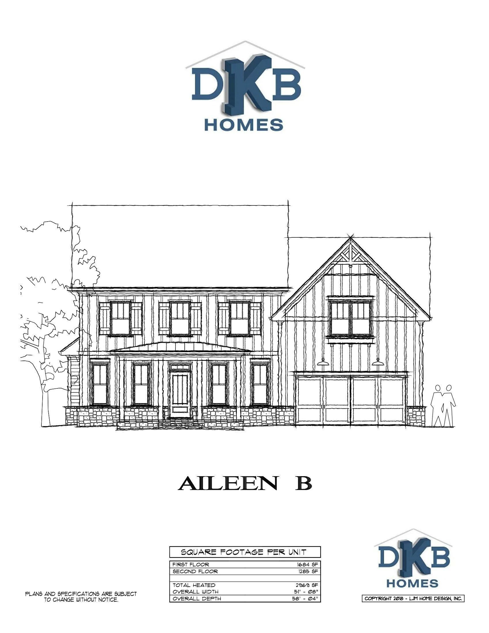 Architectural rendering of the Aileen B home by DKB Homes. Two-story house with a gabled roof and front porch.
