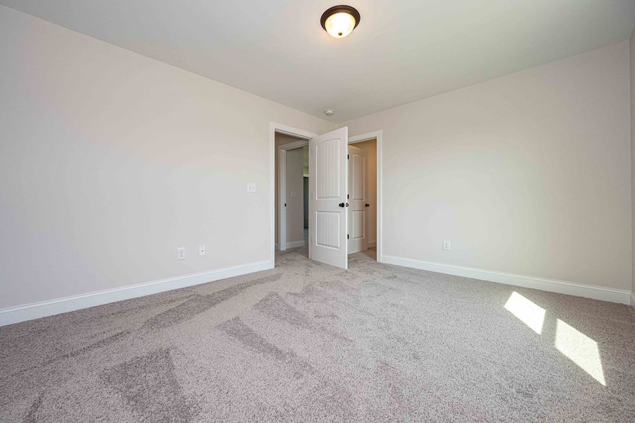 Empty bedroom with light gray walls, carpet, and open doors to closet and another room.
