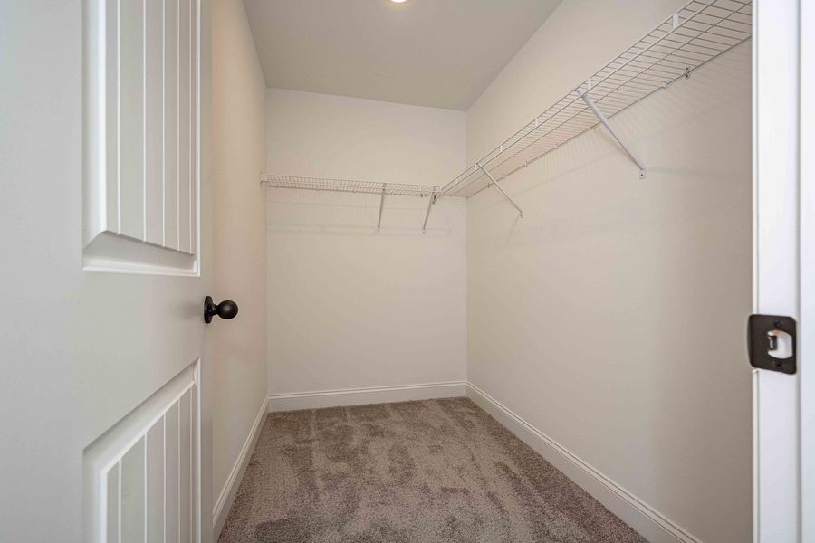 Small walk-in closet with white walls, wire shelving, a closed white door, and a gray carpet.
