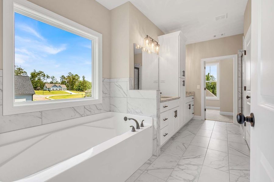 Spacious, bright bathroom with a window overlooking a green landscape. Features a white tub and cabinetry.