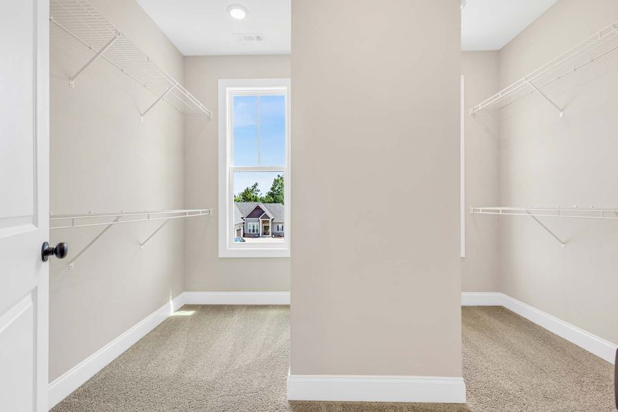 Empty walk-in closet with wire shelving, a window with a house view, and neutral-colored walls and carpet.