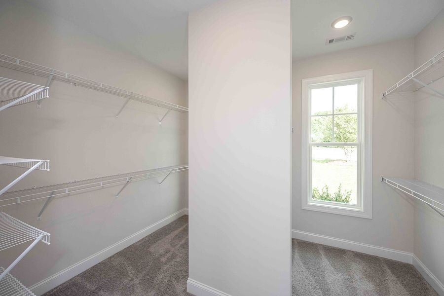 Walk-in closet with white wire shelves, gray carpet, window, and a central wall.