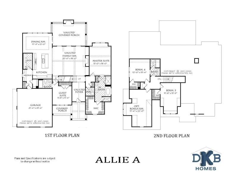 Floor plans for a house named Allie A; 1st and 2nd floor layouts, from DKB Homes.
