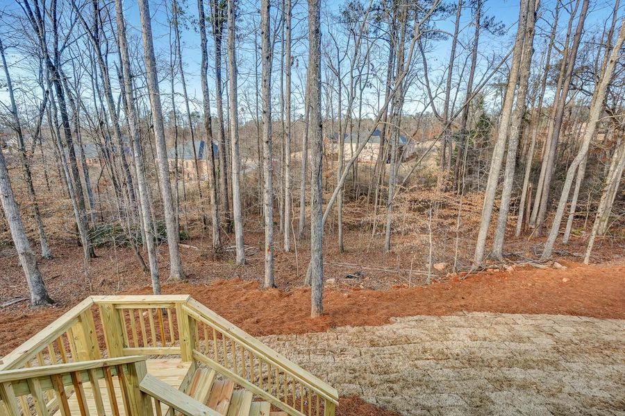 Wooden deck overlooking a wooded backyard with bare trees and a hint of houses in the distance.