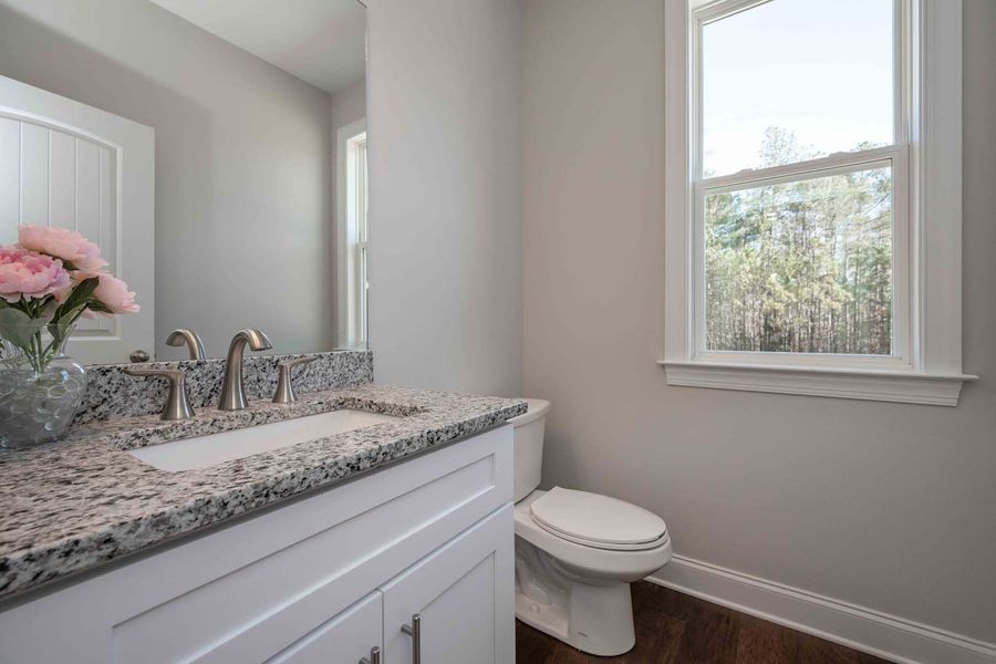 Powder room with white vanity, granite countertop, toilet, and window overlooking trees.
