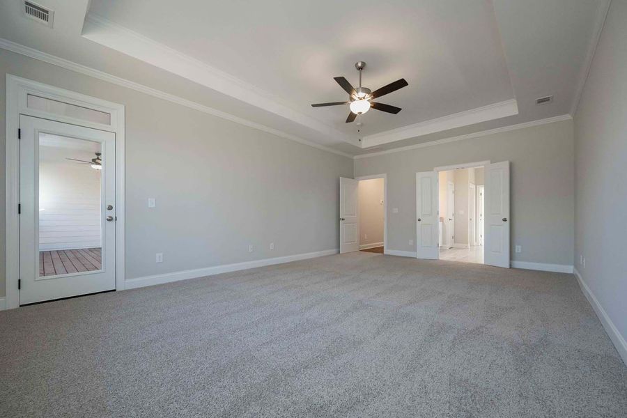 Empty bedroom with gray walls, carpet, ceiling fan, and doors.