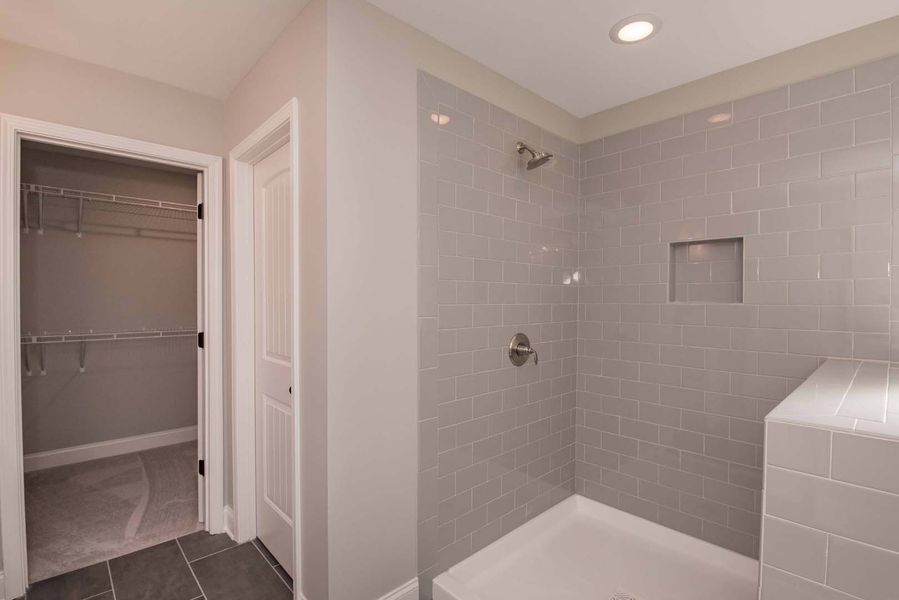 Bathroom with gray tiled shower, closet, and white doors.