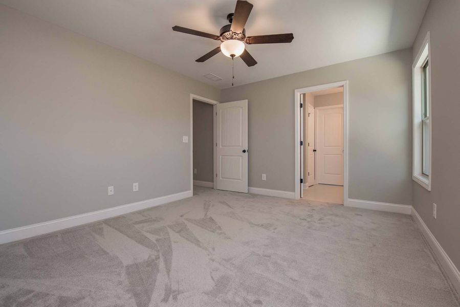 Empty bedroom with gray walls, white trim, carpet, and a ceiling fan. Two white doors lead to other rooms.