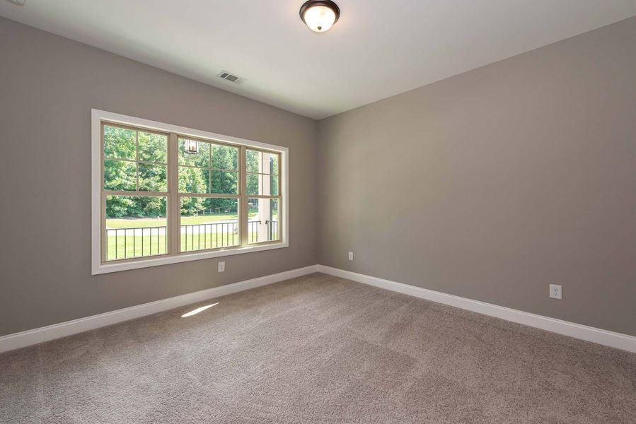 Empty room with grey walls, tan carpet, window with a view of trees, and a ceiling light.