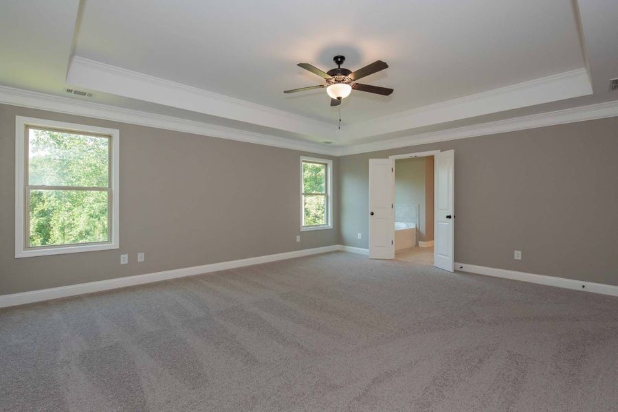 Empty bedroom with gray walls, light carpet, and white trim; two windows, ceiling fan.