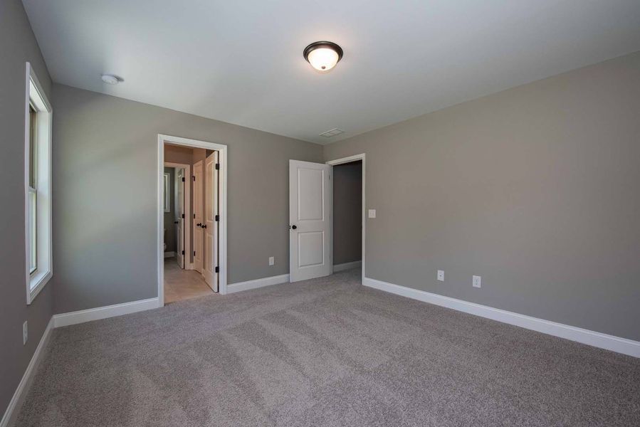 Empty room with gray walls, white trim, carpet, and a ceiling light.
