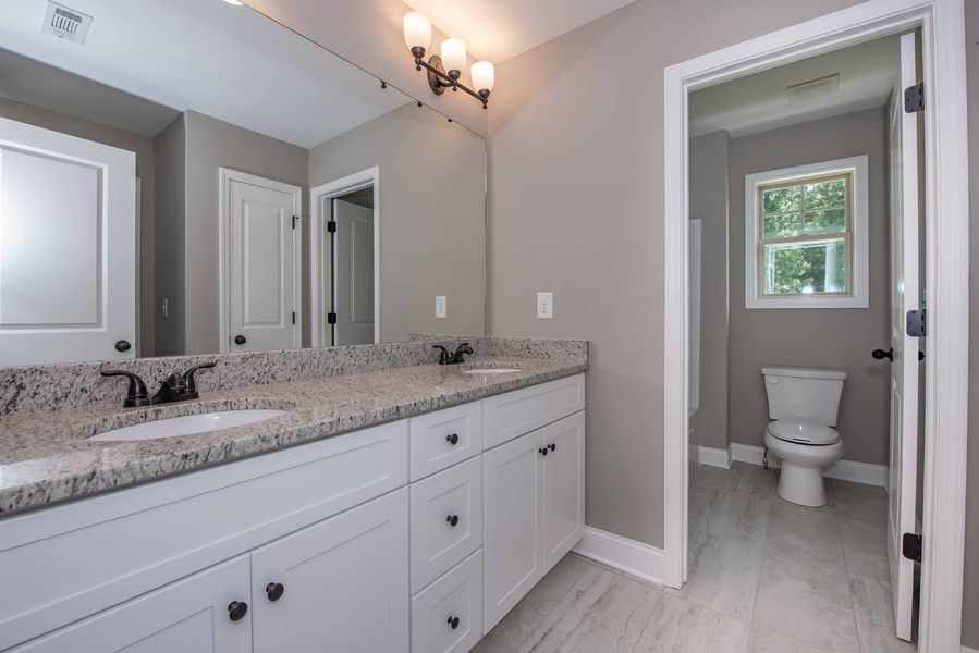 Bathroom with a white vanity, granite countertop, and a separate toilet room. Gray walls.
