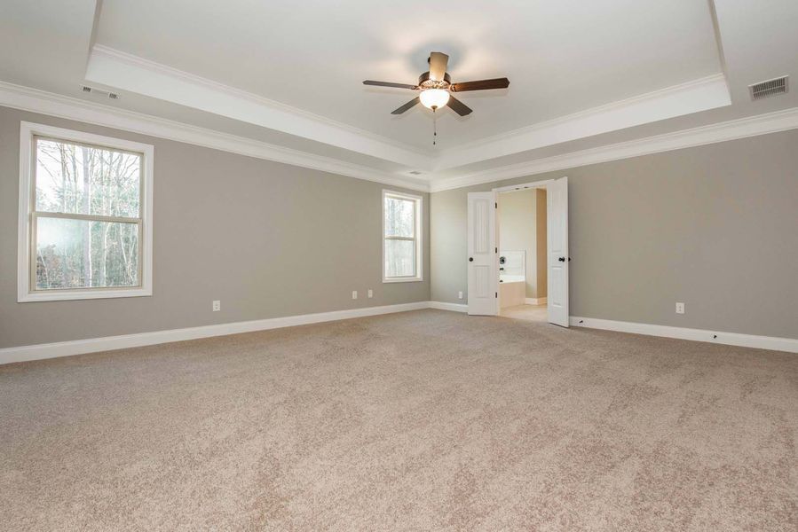 Empty bedroom with gray walls, beige carpet, ceiling fan, and two windows.