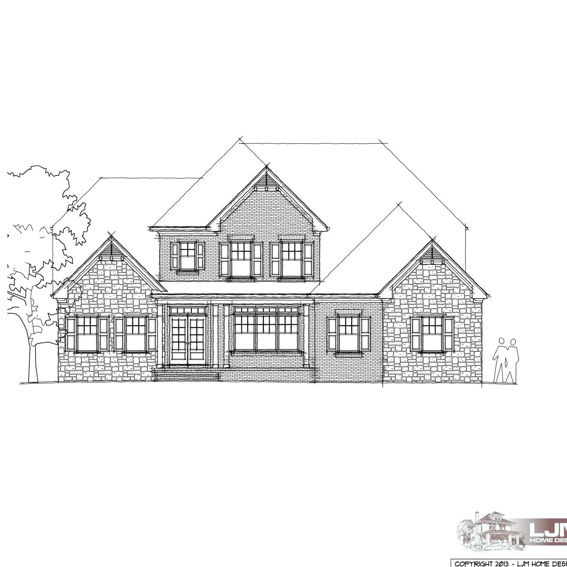 Front elevation sketch of a two-story house with stone and wood siding and a front porch.