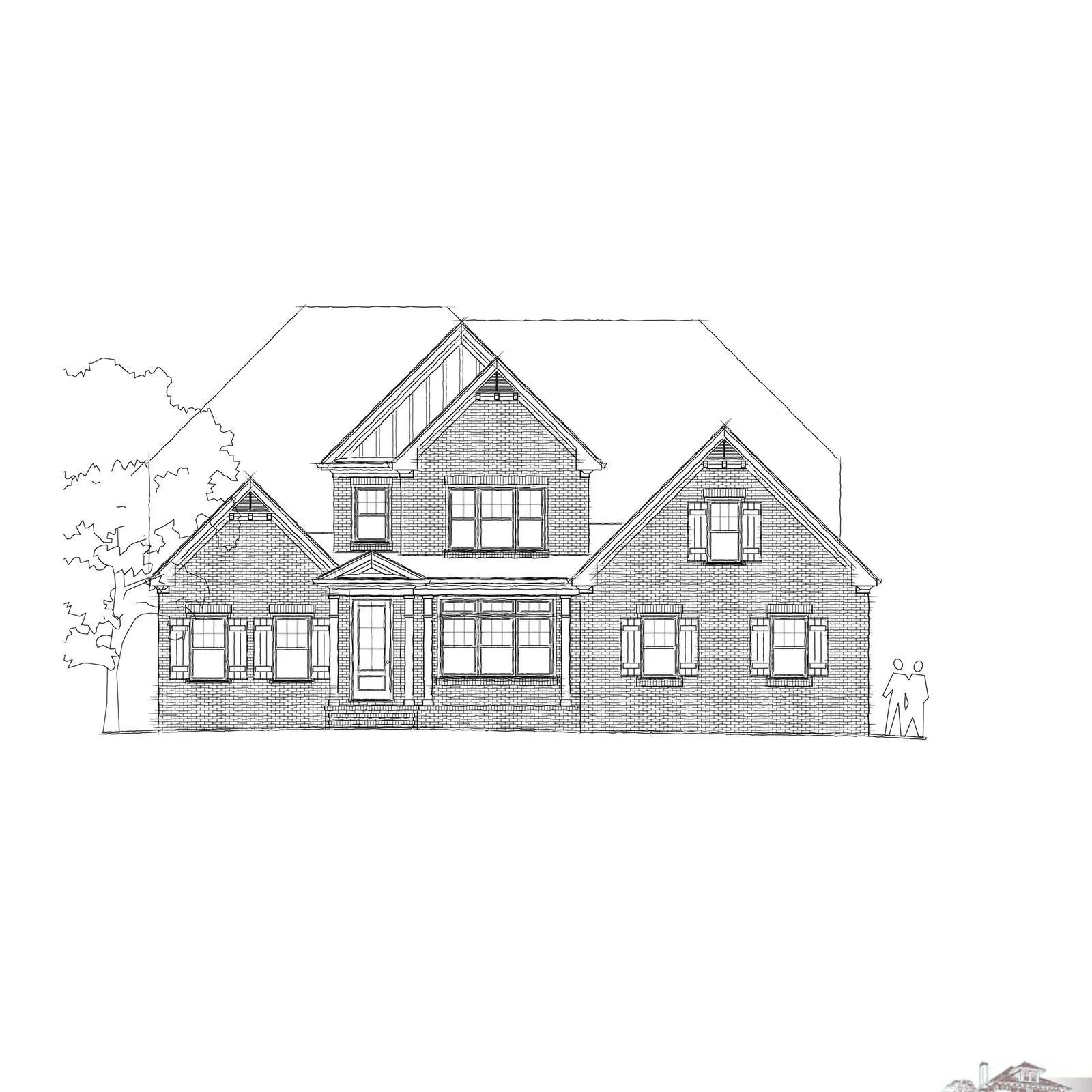 A pencil sketch of a two-story house with a centered front door, multiple windows, and a gabled roof.