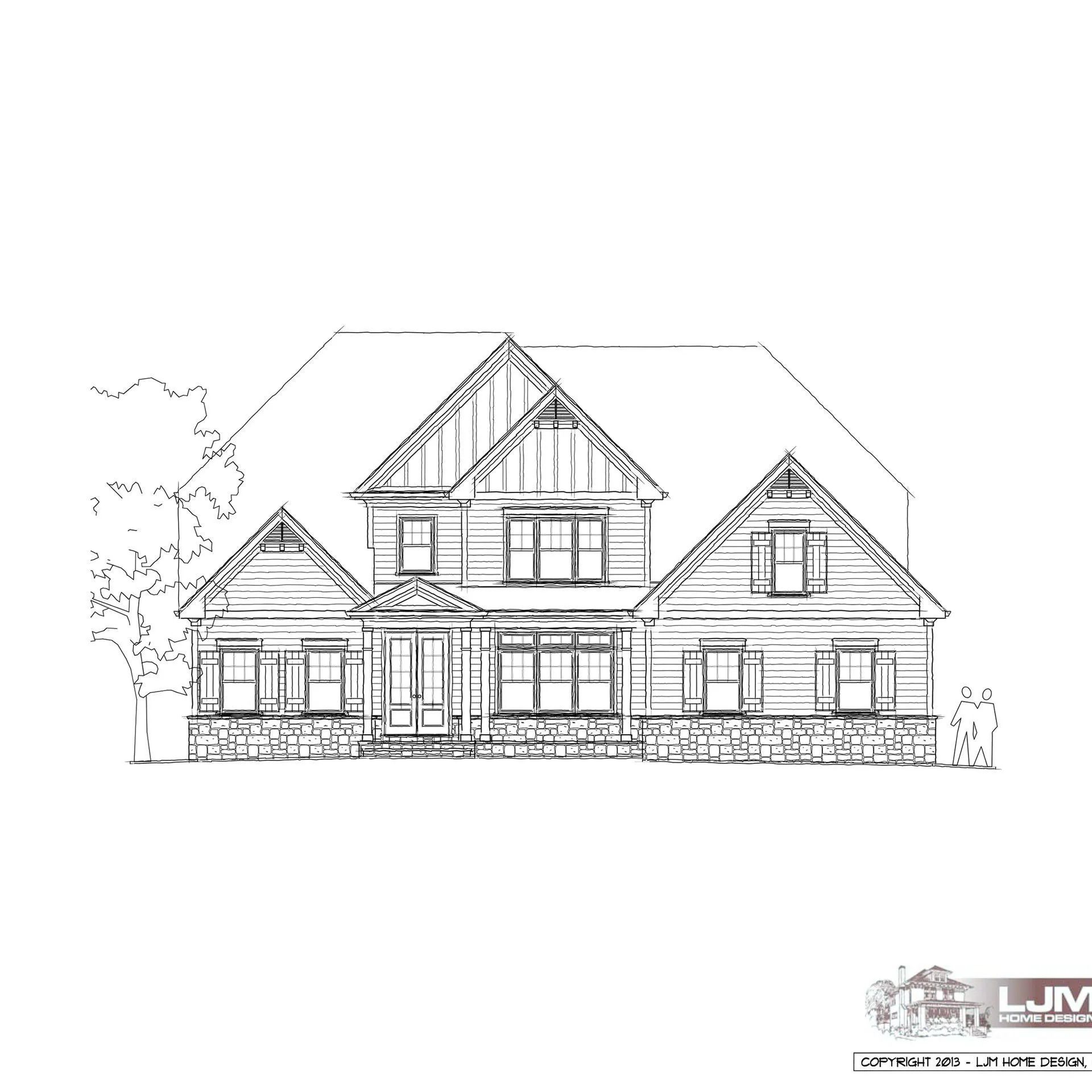 Line drawing of a two-story house with a front porch, gabled roof, and stone accents.