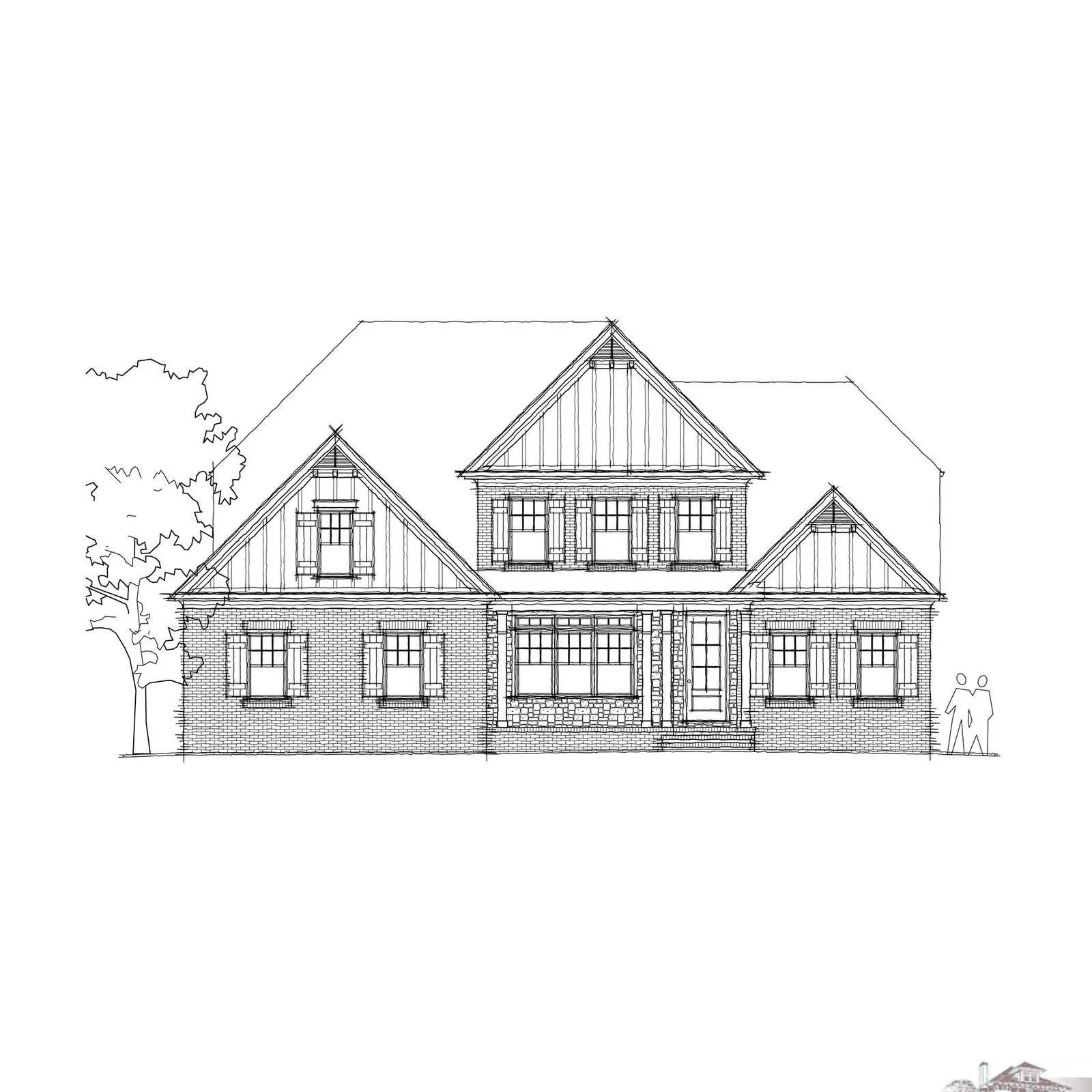 House sketch with gabled roof, shutters, and porch.