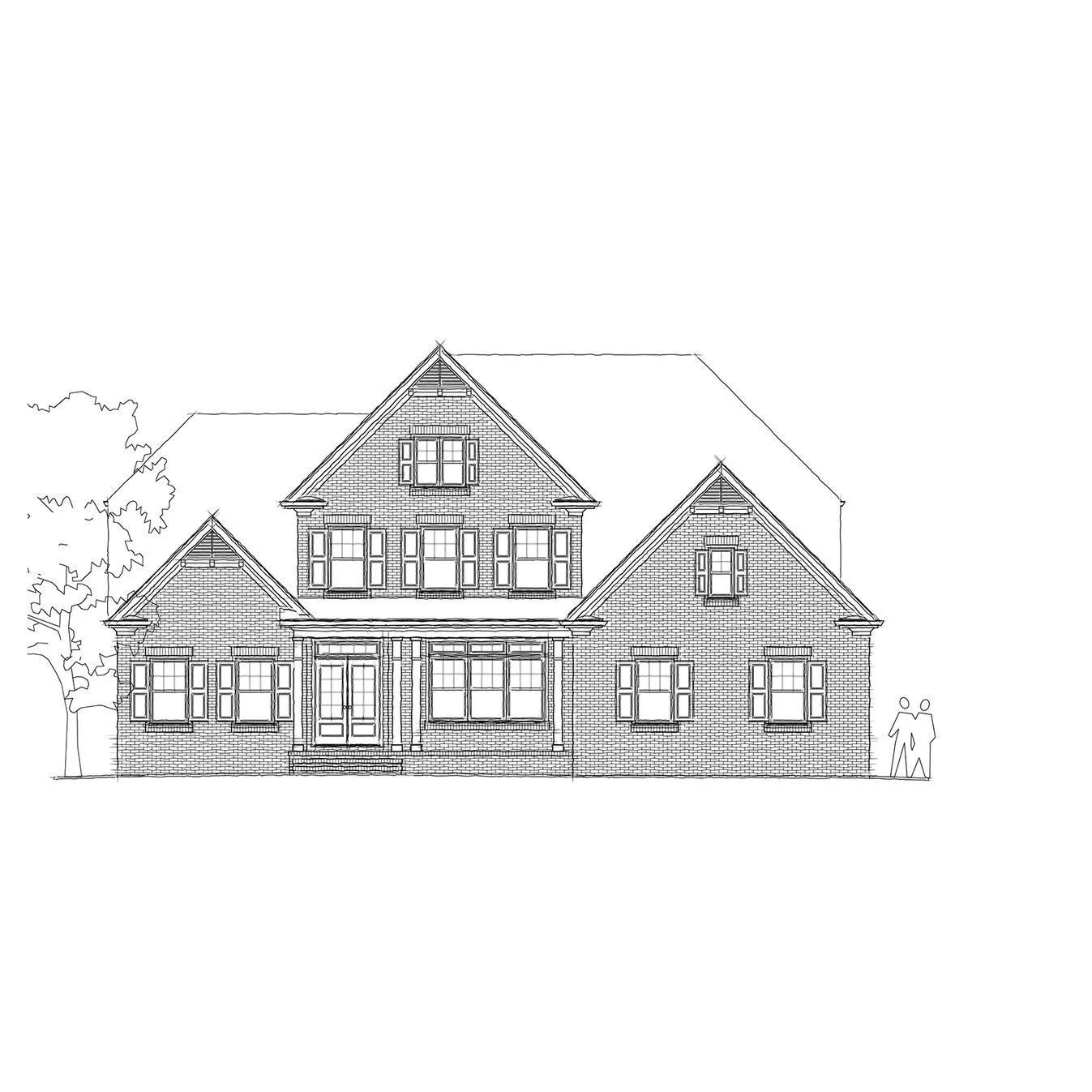 A two-story house with a gabled roof and shuttered windows.