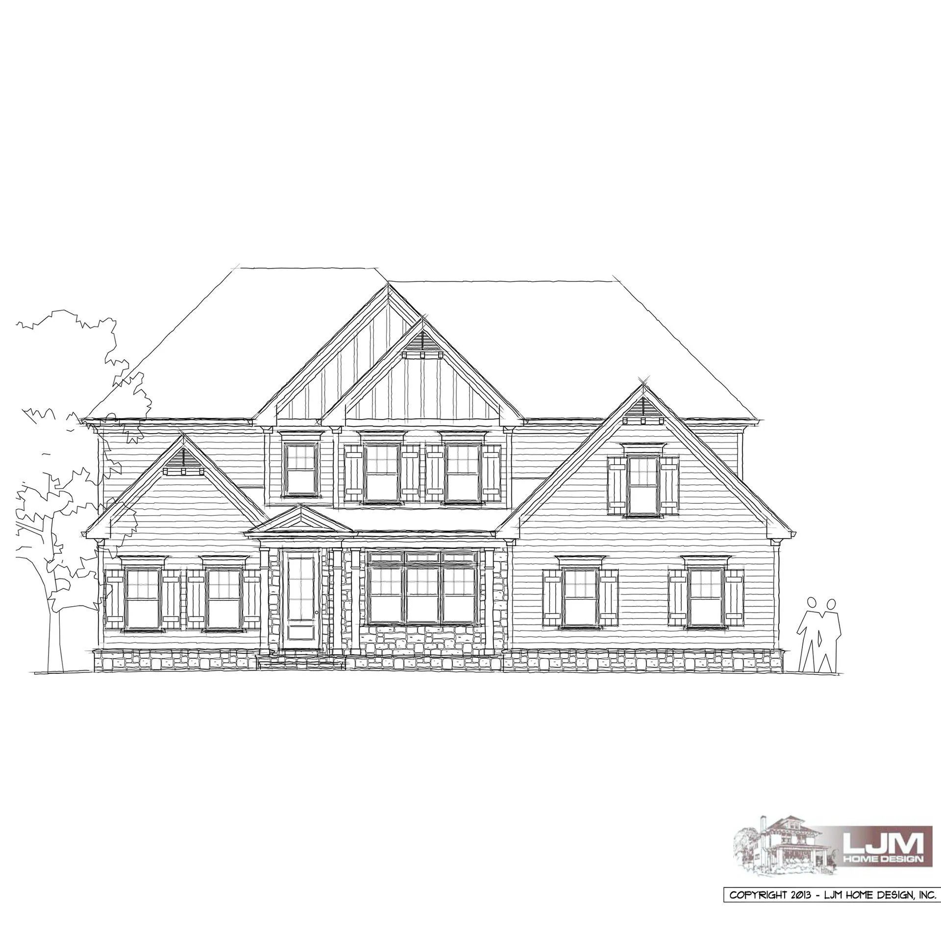 Blueprint of a two-story house with a porch, shutters, and a gabled roof.
