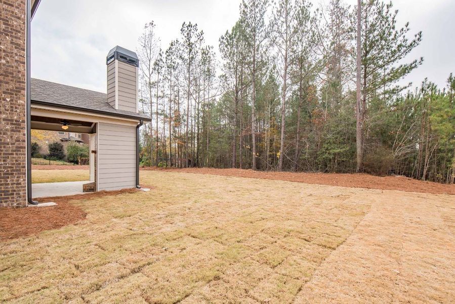 Backyard with sparse brown grass, surrounded by a house, trees, and a covered patio.