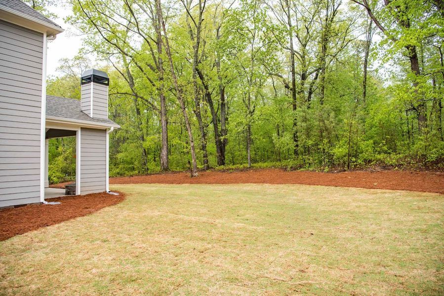 Backyard with brown mulch bordering a grassy area, next to a light-colored house and trees.