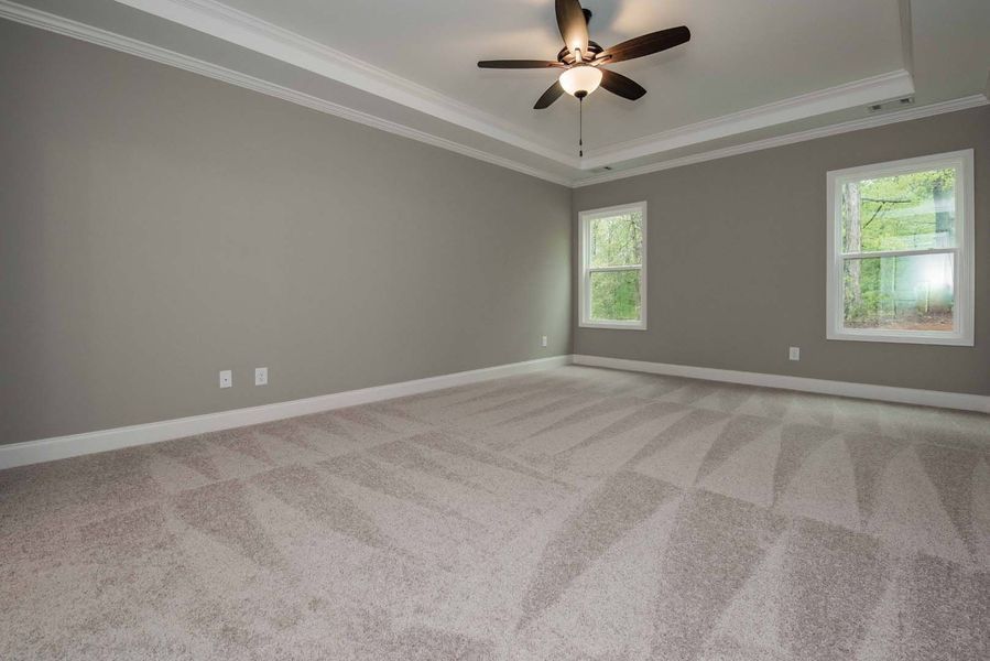 Empty bedroom with gray walls, beige carpet, and two windows. Ceiling fan present.