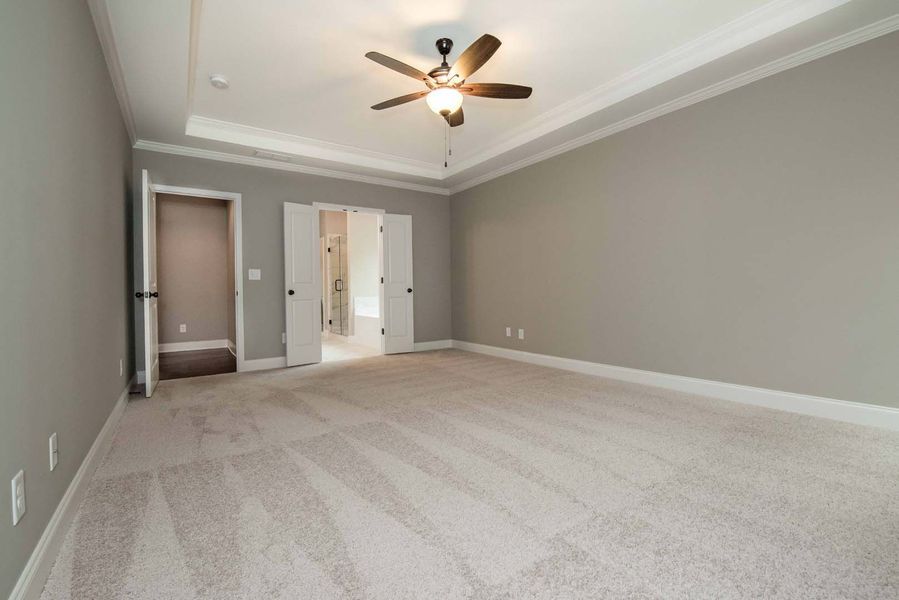 Empty bedroom with gray walls, carpet, crown molding, ceiling fan, and two sets of doors.