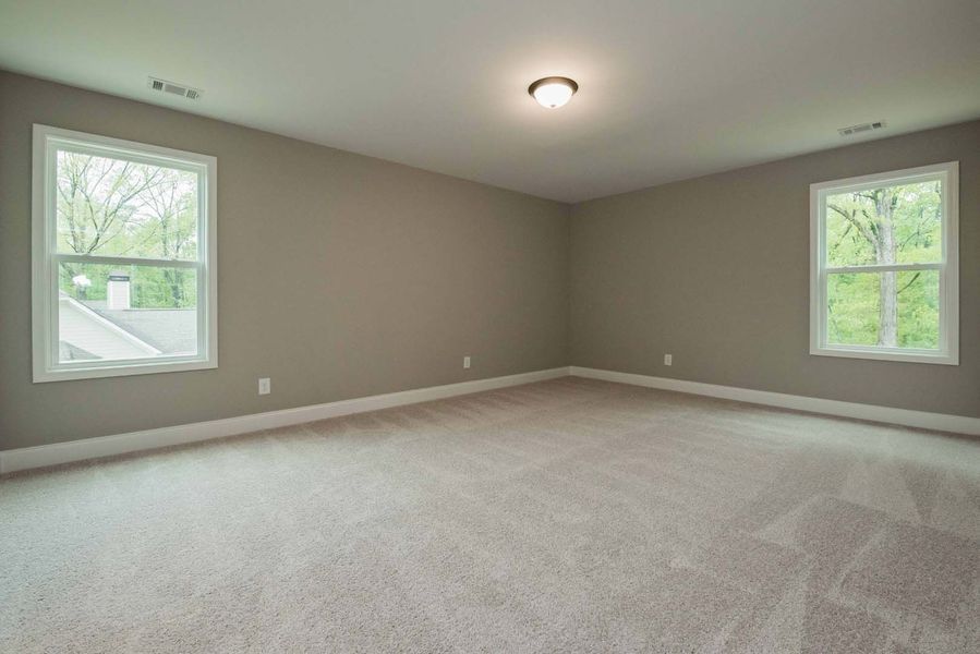 Empty bedroom with beige walls, light carpet, two windows, and a ceiling light.
